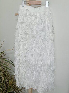 White Fringe Gauze Midi Skirt